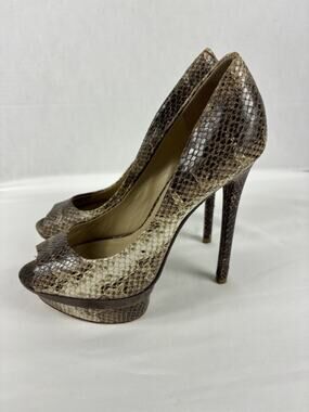 Brian Atwood Florencia Platform Heels Snake Print Brown Tan 8 Open Peep Toe